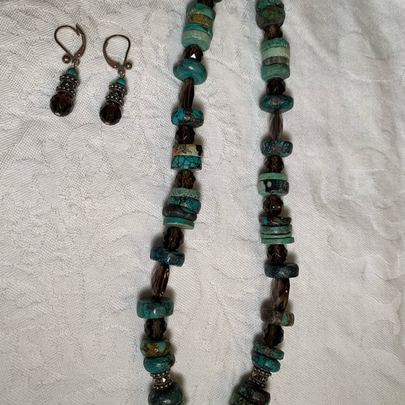 On Trend Neiman Marcus Natural Turquoise & Smoky Quartz Necklace w/Drop Earrings - Picture 3 of 8